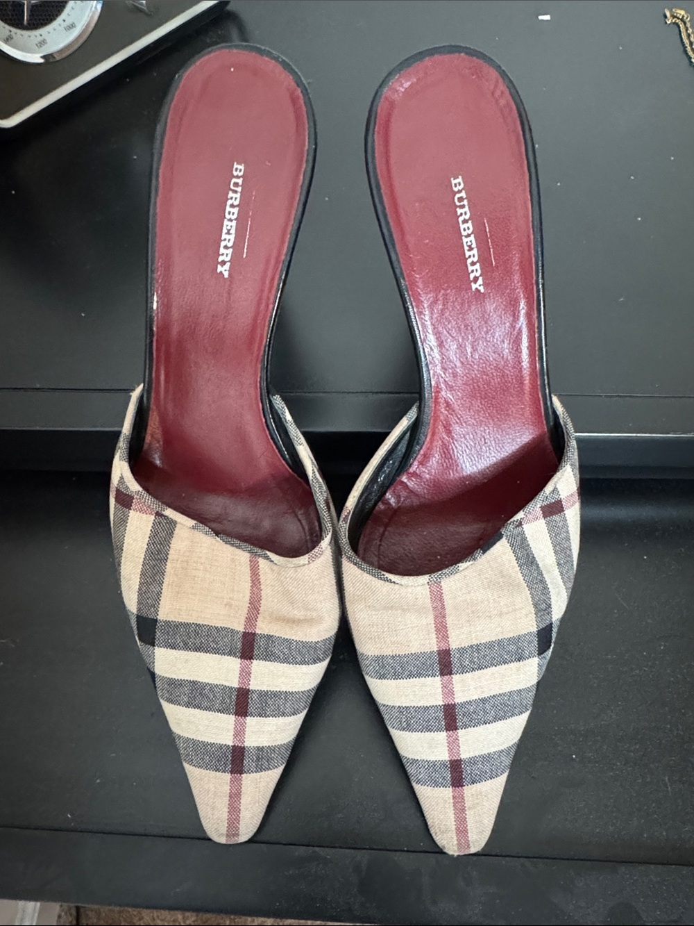 Burberry Plaid Pointed-Toe Slip-On Mules with Burgundy Insole